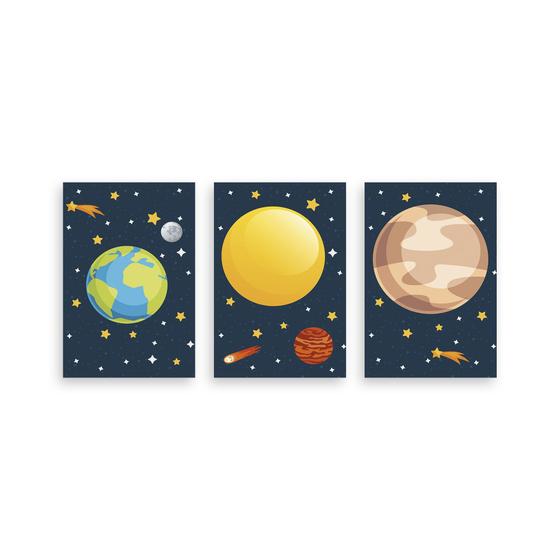 Imagem de Kit 3 Placa Decorativa Quadro Espaço Universo Galáxia Planetas Cometas Estrelas Infantil
