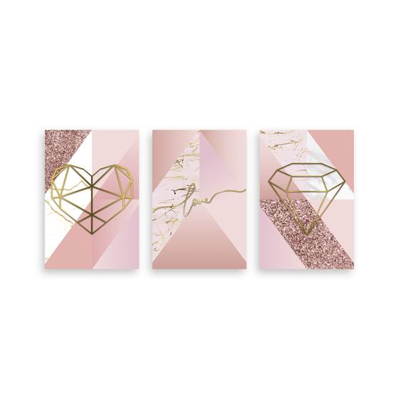 Imagem de Kit 3 Placa Decorativa Quadro Love Diamante Coração Rosa Rose Gold Tons Sala Quarto