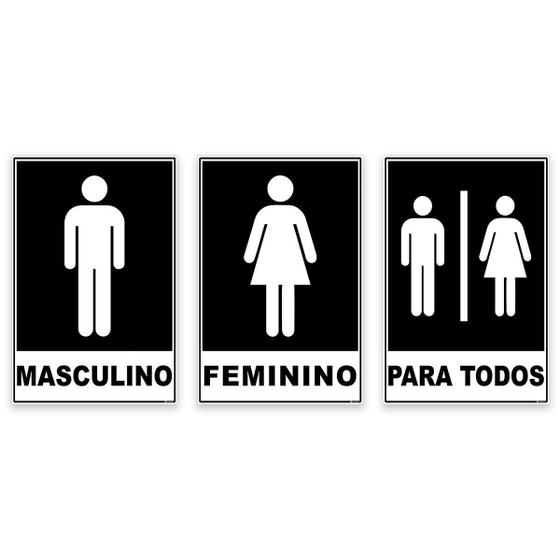 Imagem de Kit 3 Placas Banheiro Masculino Feminino Para Todos 20X15Cm