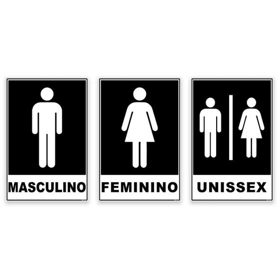 Imagem de Kit 3 Placas Banheiro Masculino Feminino Unissex 20X15Cm