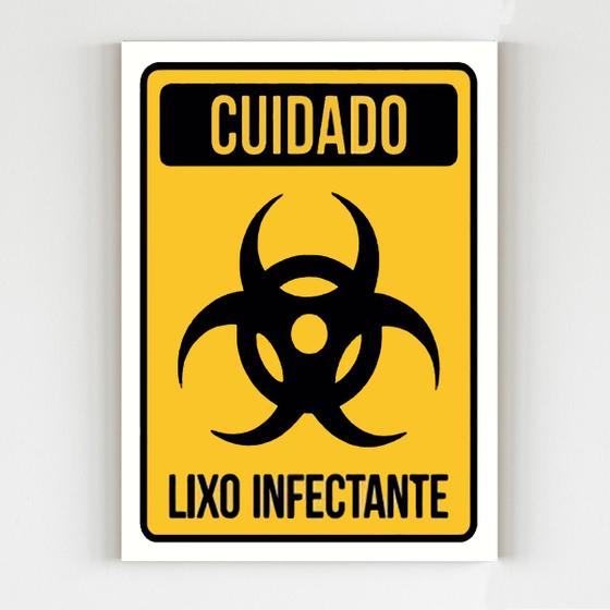 Imagem de Kit 3 Placas de sinalização cuidado lixo infectante amarelo