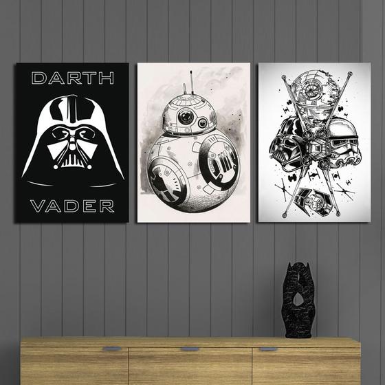 Imagem de Kit 3 Placas Decorativas Star Wars Black/White Mdf 20x30