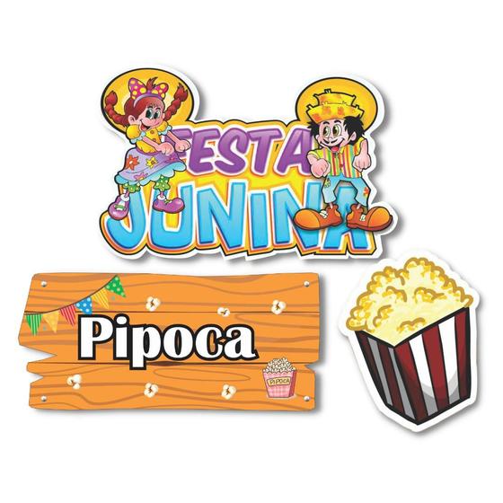 Imagem de Kit 3 Placas Festa Junina Frases Pipoca Balde Decorativo