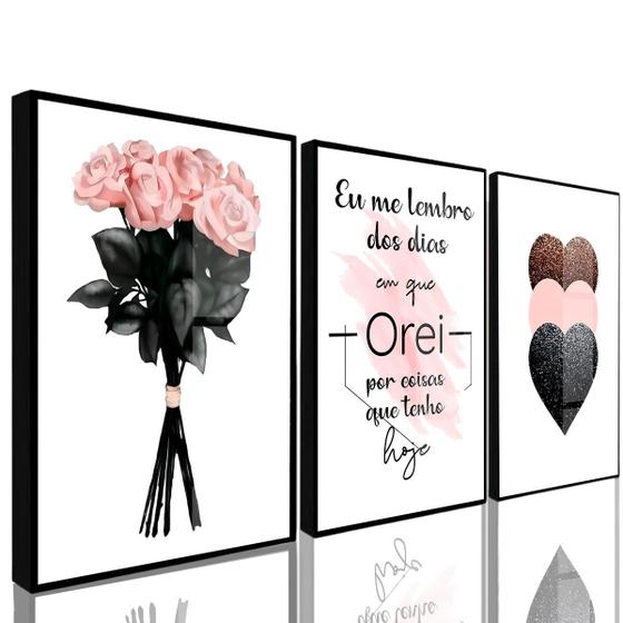 Imagem de Kit 3 Placas/Quadros Decorativos Flores e Coração Sala