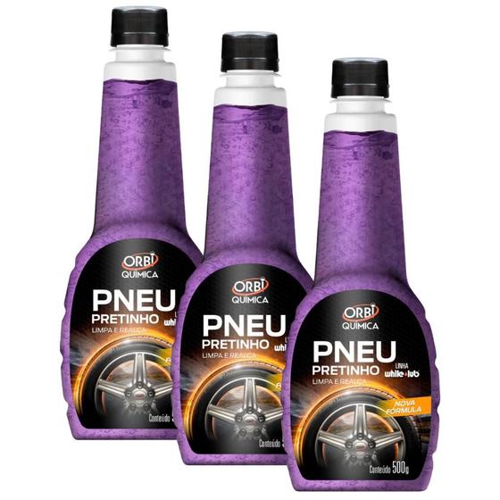 Imagem de Kit 3 Pneu Pretinho Gel Concentrado Selador Limpa E Da Brilho Orbi 500ml