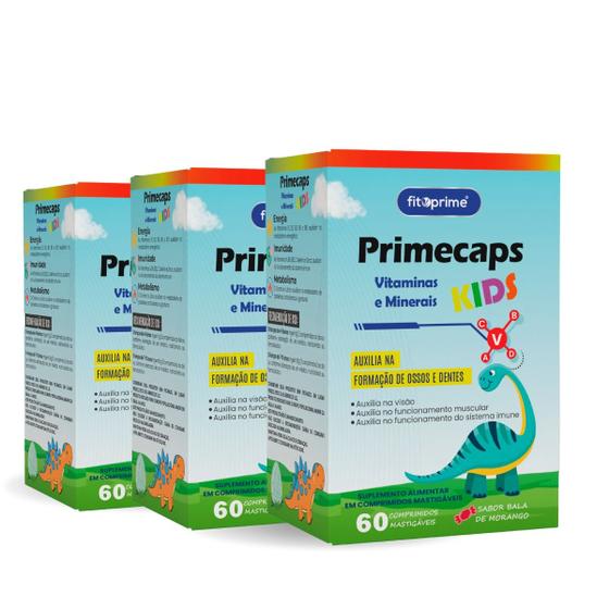 Imagem de Kit 3 Polivitamínico Vitaminas e Minerais Kids Primecaps 60 Comprimidos Mastigáveis Sabor Bala de Morango Fitoprime