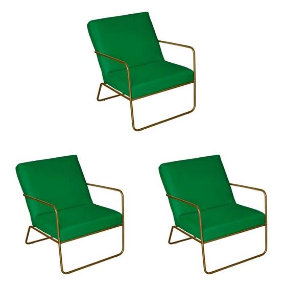 Imagem de KIT 3 Poltrona para Descanso Iza Base de Ferro Dourado Jardim Varanda Suede Verde - Móveis Mafer