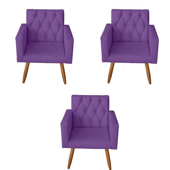 Imagem de Kit 3 Poltrona Para sala de Estar Bianca Capitonê Suede Roxo - Móveis Mafer