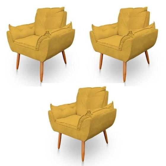 Imagem de Kit 3 Poltronas Decorativa Opala Sala de Estar Tecido Suede Amarelo Kimi Decor