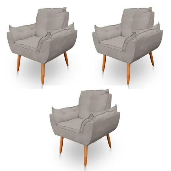 Imagem de Kit 3 Poltronas Decorativa Opala Sala de Estar Tecido Suede Cinza Claro Kimi Decor