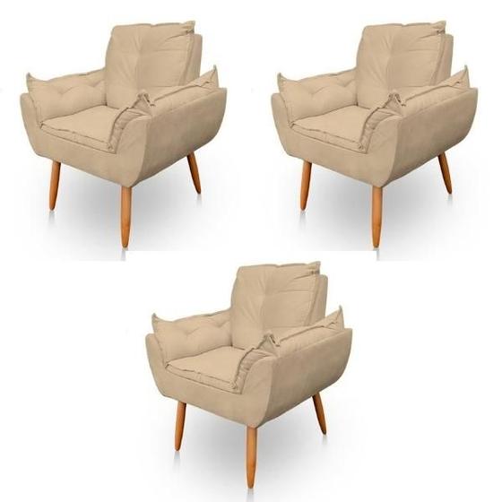 Imagem de Kit 3 Poltronas Decorativa Opala Sala de Estar Veludo Bege Kimi Decor