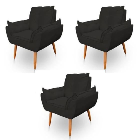 Imagem de Kit 3 Poltronas Decorativa Opala Sala de Estar Veludo Preto Kimi Decor