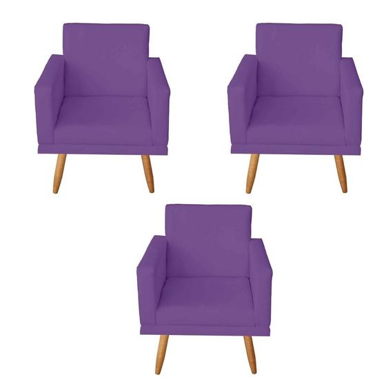 Imagem de Kit 3 Poltronas Decorativas com Estrutura Madeira Maciça Pés Palito Nina Roxo Mafer