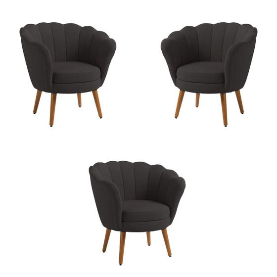 Imagem de Kit 3 Poltronas Decorativas Pétala Sala de Estar Tecido Suede Grafite Kimi Design