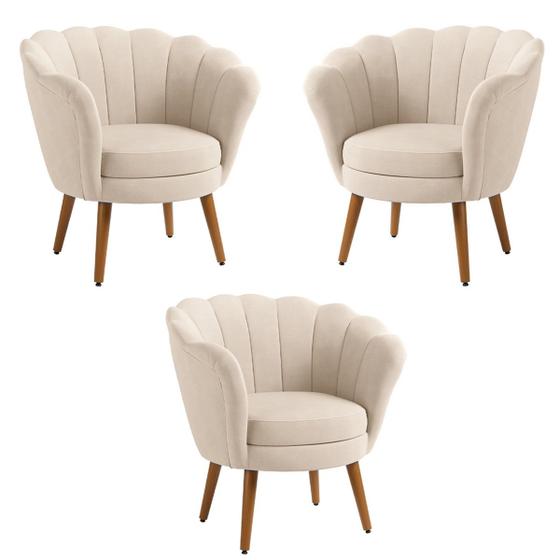 Kit 3 Poltronas Decorativas Pétala Sala de Estar Tecido Veludo Bege Kimi Decor Imagem de Kit 3 Poltronas Decorativas Pétala Sala de Estar Tecido Veludo Bege Kimi Decor