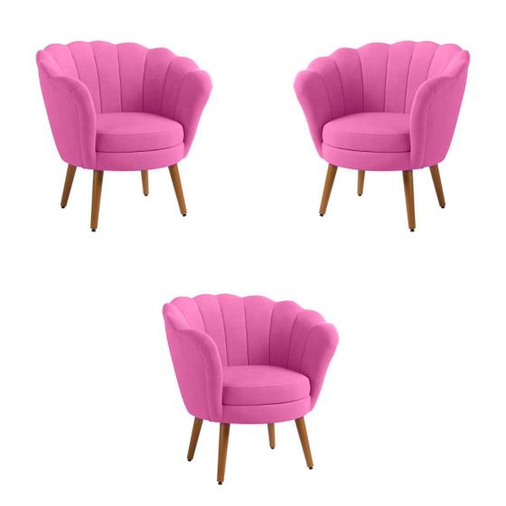 Imagem de Kit 3 Poltronas Decorativas Pétala Sala de Estar Tecido Veludo Rosa Kimi Decor