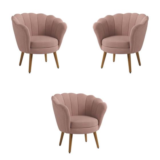 Imagem de Kit 3 Poltronas Decorativas Pétala Sala de Estar Tecido Veludo Rose Kimi Decor