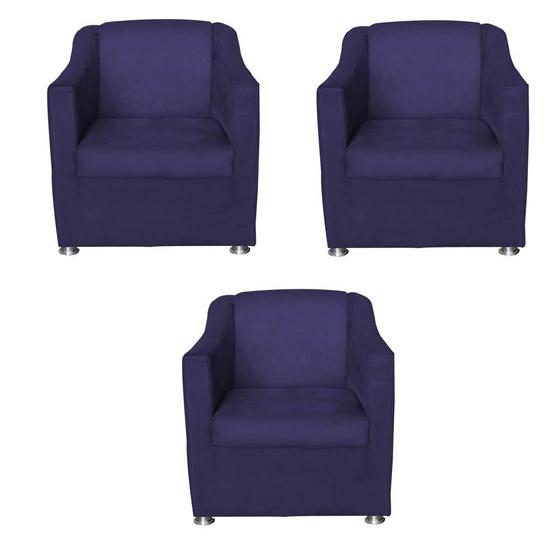 Imagem de Kit 3  Poltronas Decorativas Tilla Suede Azul Marinho - Móveis Mafer