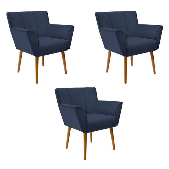 Imagem de Kit 3 Poltronas para Recepção Decorativa Estofada Santiago Pés de Madeira Azul