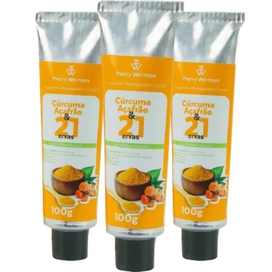 Imagem de Kit 3 Pomada Massageadora Curcuma E Açafrão 21 Ervas 100G