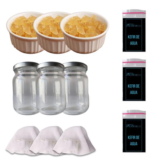 Imagem de Kit 3 Por 2 Kefir Probiótico Desidratado de Agua Com Tampa Voal Frasco 250 Mls e Manual