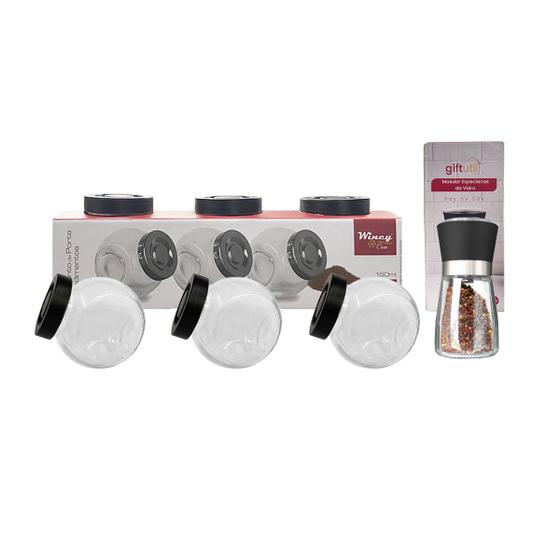 Imagem de Kit 3 Porta Condimentos 150 ml Com 1 Moedor 170ml De Vidroo