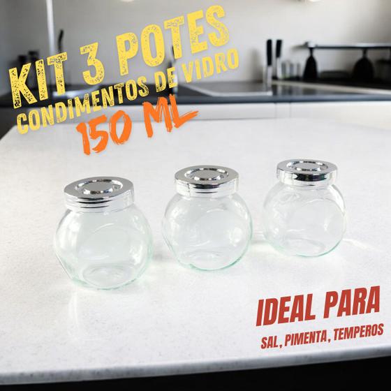 Imagem de Kit 3 Porta Condimentos Vidro 150ml Sal Tempero Pimenta Tampa Cromada Hermética Linha Premium