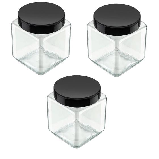 Imagem de Kit 3 Pote 1,2L Recipiente Vidro Quadrado Invicta Preto
