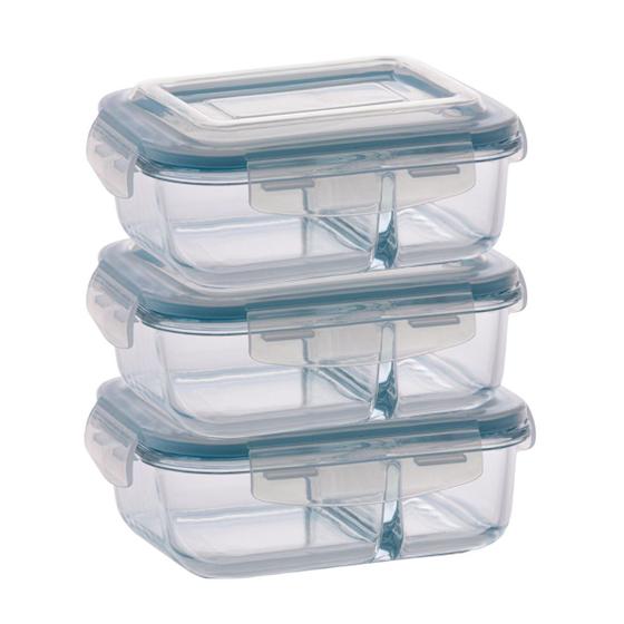 Imagem de Kit 3 Pote de Vidro Hermético Com Divisoria 640ml Marmita