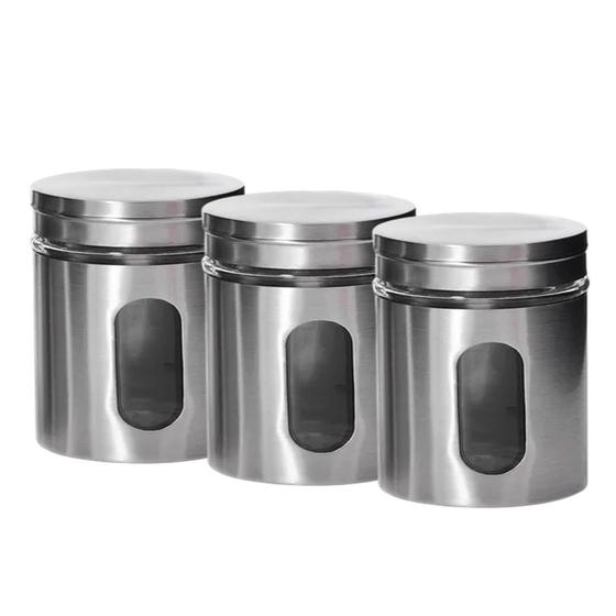 Imagem de Kit 3 Pote Porta Mantimento em Inox com Visor de Vidro Em Casa Tem 600ml