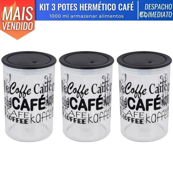 Imagem de Kit 3 Pote Porta Mantimentos Hermético Resistente Decorado Café 1000 ml