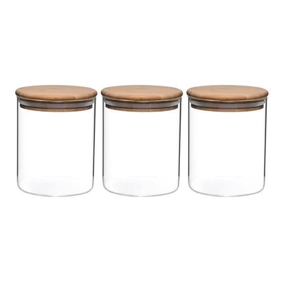 Imagem de Kit 3 Pote Porta Temperos Mantimentos Design Elegante Tampa De Bambu Hermético 500ml