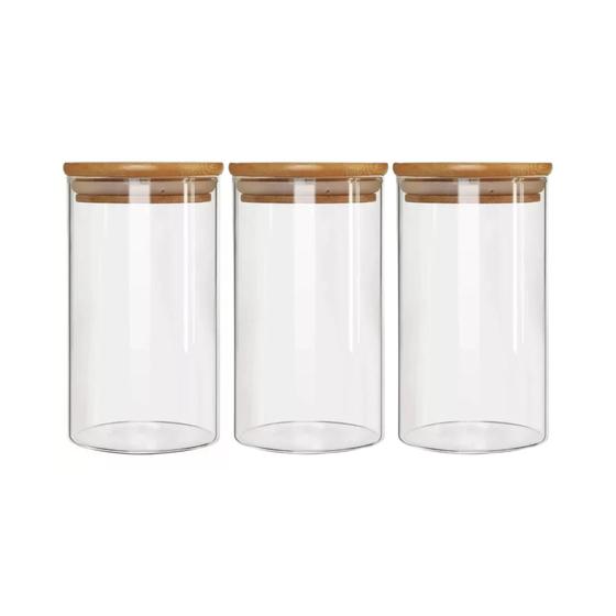 Imagem de Kit 3 Pote Porta Temperos Mantimentos Design Elegante Tampa De Bambu Hermético 600ml