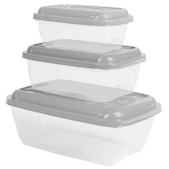 Imagem de Kit 3 Pote Retangular Plástico Com Tampa 400Ml 800Ml 1,5Lt