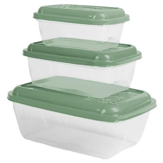 Imagem de Kit 3 Pote Retangular Plástico Com Tampa 400Ml 800Ml 1,5Lt