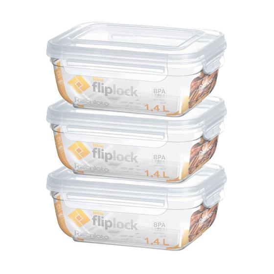 Imagem de Kit 3 Pote Retangular transparente com travas Fliplock 1,4L