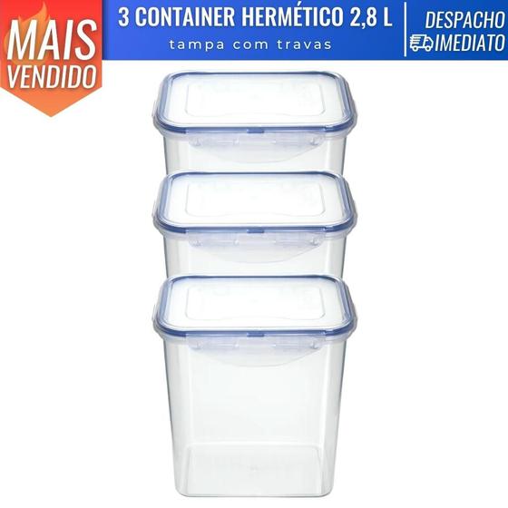 Imagem de Kit 3 Pote Tapoer Container Hermético 2,8 L Transparente C/ Tampa e Trava