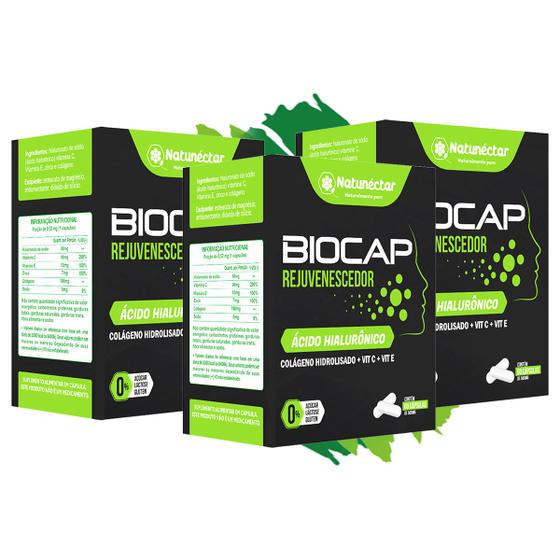Imagem de Kit 3 Potes Biocap Acido Hialurônico Suplemento Alimentar Natural 100% Original Premium Natunectar 180 Capsulas