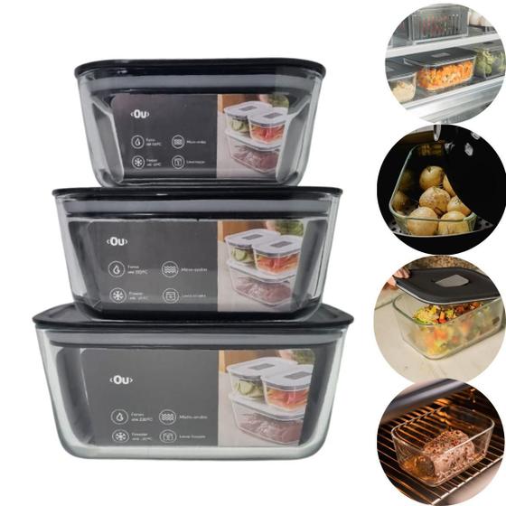 Imagem de Kit 3 Potes De Vidro Hermético Microondas Air Fryer Freezer