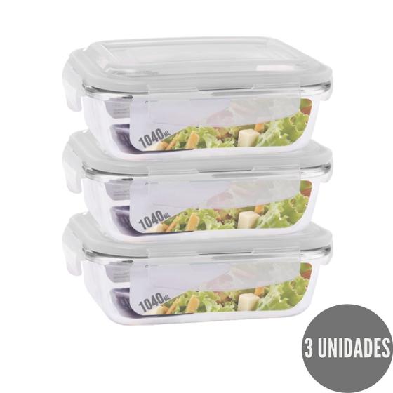 Imagem de Kit 3 Potes de Vidro Marmita Fit Tampa Plastica 4 Travas 1040ml