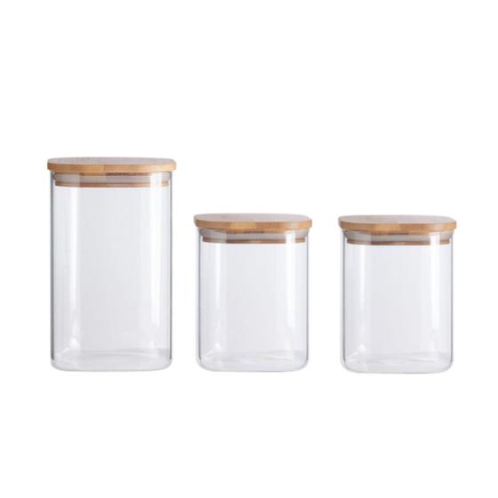 Imagem de Kit 3 Potes de Vidro Quadrado 600ml/1100ml Tampa Flat Bambu