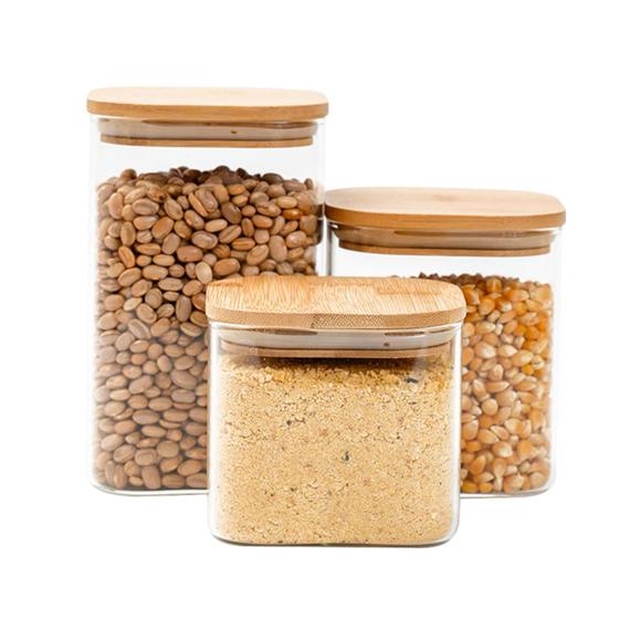 Kit 3 potes de vidro tampa de bambu herméticos quadrados - Tüd Menor preço em Kit 3 potes de vidro tampa de bambu herméticos quadrados - Tüd