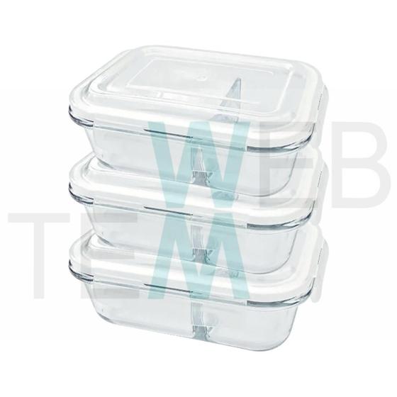 Imagem de Kit 3 Potes Hermético Marmita de Vidro Retangular Com Divisória 1010ml Com Tampa BPA Free: Cozinha Organizada, Sustentabilidade e Alimentos Frescos