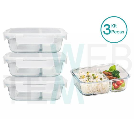 Imagem de Kit 3 Potes Hermético Marmita de Vidro Retangular Com Divisória 700ml Com Tampa BPA Free: Cozinha Organizada, Sustentabilidade e Alimentos Frescos