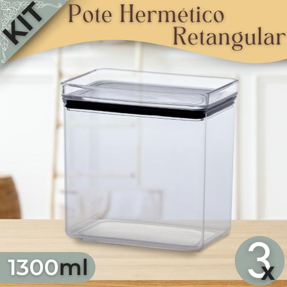 Imagem de Kit 3 Potes Herméticos de Acrílico Retangular 1300ml Lumini Black e Cristal - Paramount