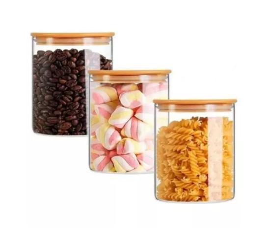 Imagem de Kit 3 Potes Herméticos de Vidro com Tampa de Bambu 750ml Porta Alimentos Mantimentos