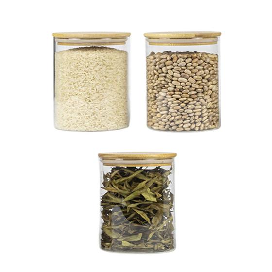 Imagem de Kit 3 Potes Herméticos Organizadores de Alimentos Condimentos em Vidro Borossilicato Tampa de Bambu