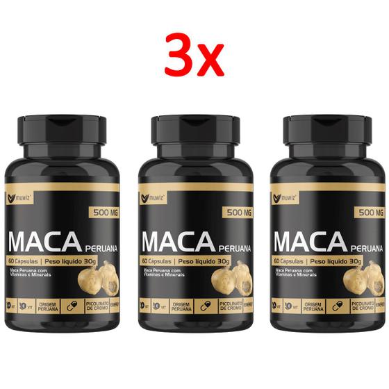Kit 3 Potes Maca Peruana Premium Muwiz 500mg - Original Menor preço em Kit 3 Potes Maca Peruana Premium Muwiz 500mg - Original