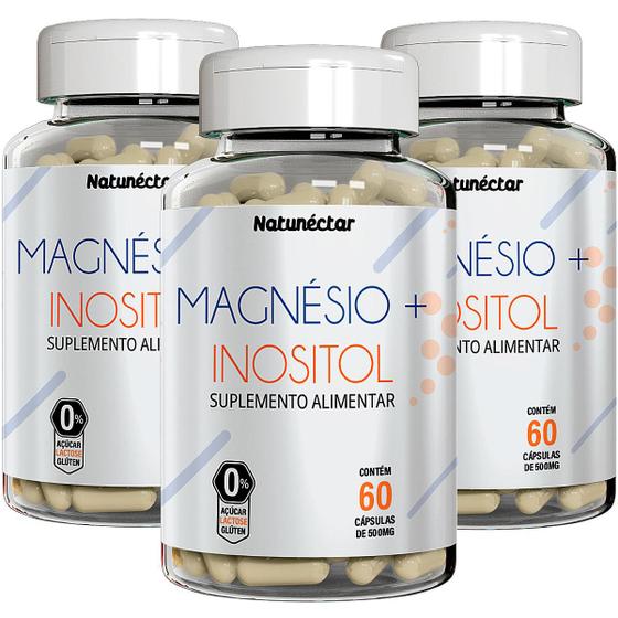 Imagem de Kit 3 Potes Magnésio Quelato + Inositol Suplemento Natural 180 Cápsulas Concentrado Vitamina Mineral 100% Puro Encapsulados Premium