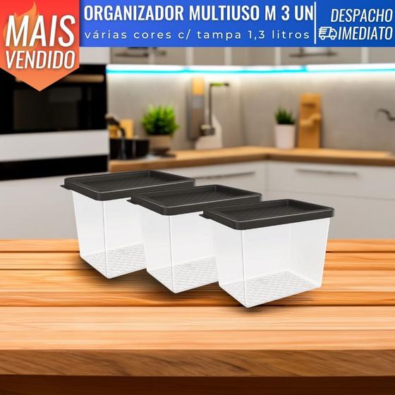 Imagem de Kit 3 Potes Organizadores Multiuso Porta Mantimentos 1,3L Plástico Com Tampa Uz